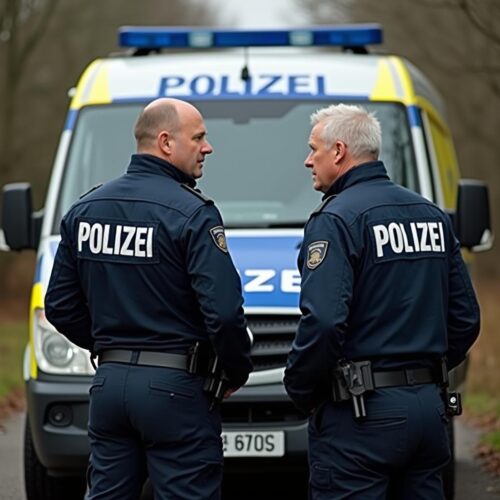 Polizeieinsatz vor dunkler Wohnungstür bei Nacht, schockierter Bewohner, Polizisten mit Durchsuchungsbeschluss