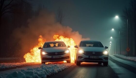 Frontalcrash: E-Auto kollidiert frontal mit VW Passat auf dunkler Straße