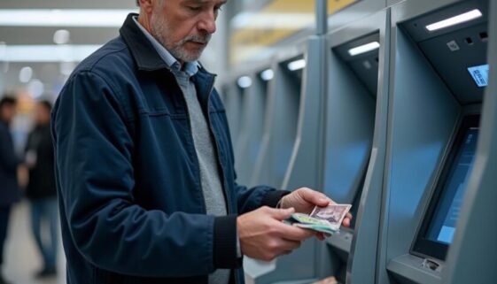 Maßiger Mann steht am Geldautomaten und entnimmt Bargeld in moderner Bankfiliale