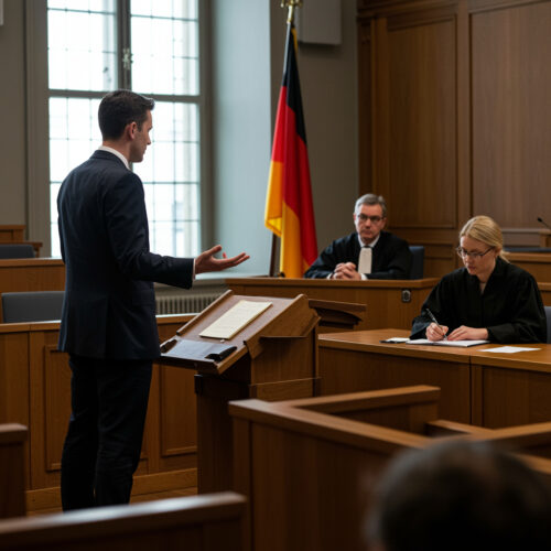 Anwalt im Gerichtssaal spricht zu Richter, mit Deutschland-Flagge im Hintergrund, gerichtliche Szene