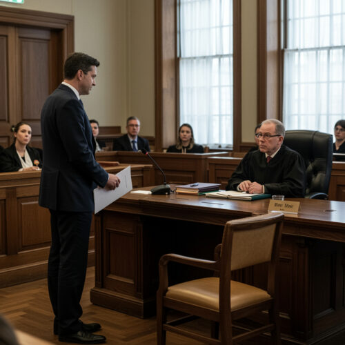 Staatsanwalt reicht im Gerichtssaal die Rücknahme der Berufung ein, leere Anklagebank sichtbar