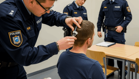 Polizeibeamter nimmt Haarprobe bei Verdächtigem in Verhörraum, mit Alufolie auf dem Tisch
