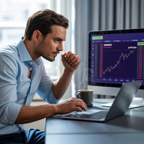 Anleger bestätigt Krypto-Überweisung an beleuchtetem Monitor mit Gewinncharts.