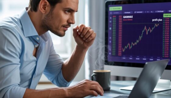 Anleger bestätigt Krypto-Überweisung an beleuchtetem Monitor mit Gewinncharts.