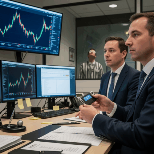 Geschäftsmann im Anzug hält Ledger Hardware Wallet vor Cryptocurrency-Preistafel im Büro