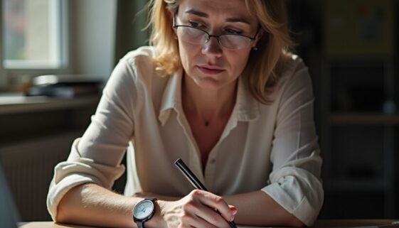 Angespannte Frau bei einem Drohbrief am Schreibtisch mit Akten und Dokumenten