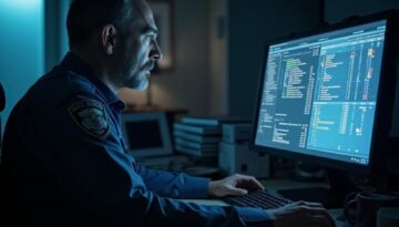 Polizist arbeitet nachts am Computer in einem spärlich beleuchteten Büro