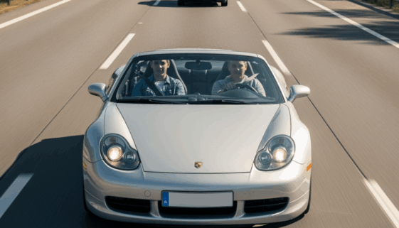 Silberner Sportwagen überholt auf Autobahn mit Fahrern und Passagieren bei Tageslicht