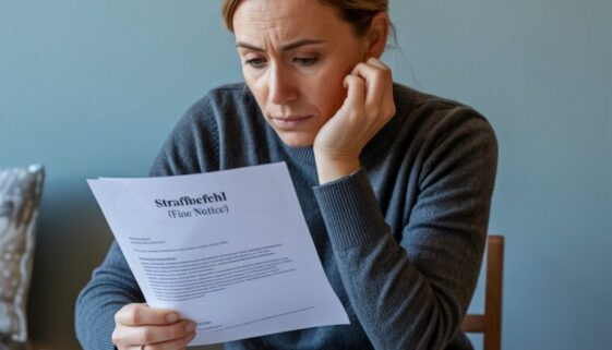Frau prüft Strafbefehl und schreibt Einspruch in schlichtem Wohnraum, konzentriert und entschlossen