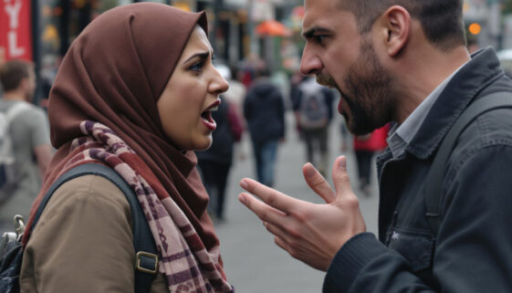 Wütender Streit zwischen einem Mann und einer Frau mit Kopftuch in einer belebten Fußgängerzone. Wo verläuft die Grenze zwischen Meinungsfreiheit und Beleidigung?