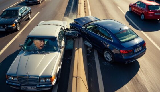 Ein Mann blickt schockiert auf die frontal kollidierten Wracks eines Audi und eines Mercedes, die sich nach einem riskanten Beschleunigungsstreifen-Manöver auf der Autobahn verkeilt haben.