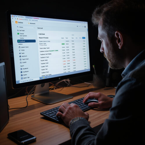 Ein konzentrierter Mann sichtet auf seinem Bildschirm digitale Tabellen, die die Einziehung von Wertersatz für auf ein Bankkonto geflossenes Buchgeld darstellen.