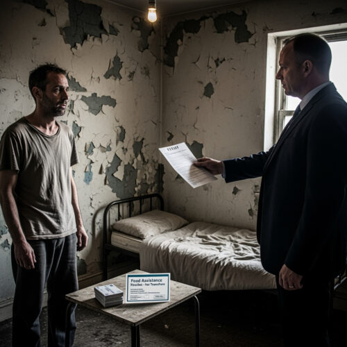 Ein Mann im Anzug reicht in einem kargen Raum einen Gutschein an den in T-Shirt – mehr bleibt oft nicht, wenn das Geld fehlt, aber Strafen trotzdem drohen.