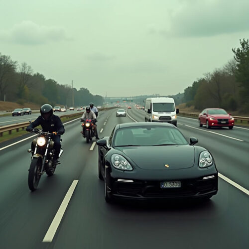 Ein schwarzer Porsche und mehrere Motorräder rasen über eine nasse Autobahn und liefern sich ein gefährliches, mutmaßlich illegales Straßenrennen.