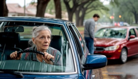 Eine besorgt blickende Seniorin sitzt in ihrem blauen Auto, während der Sachschaden im Hintergrund über die unzumutbare Härte einer vorläufigen Entziehung ihrer Fahrerlaubnis entscheidet.