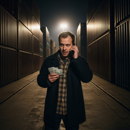 Ein Mann mit Geldscheinen und Handy symbolisiert den Widerruf der Strafaussetzung auf Bewährung nach Straftat.