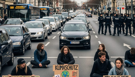 Klimaaktivisten führen eine Straßenblockade durch, eine Aktion, die ihnen später in Strafbefehlen als Nötigung zur Last gelegt wird, während Vollstreckungsbeamte die Situation überwachen.