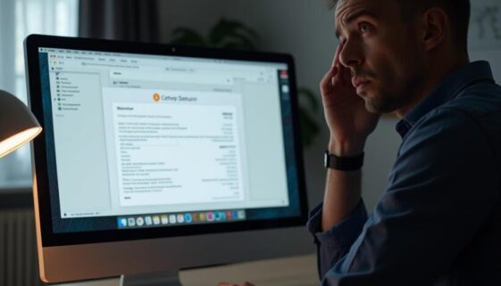 Ein Mann reibt sich übermüdet die Augen vor dem Computermonitor, dessen Tabelle die Spuren eines unautorisierten Krypto-Transfers offenbart.