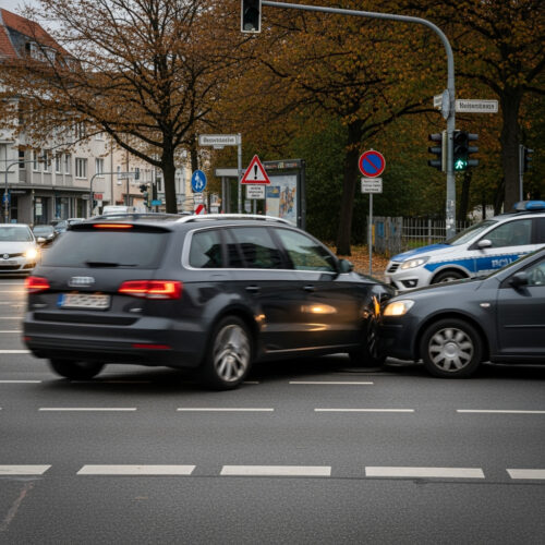 Zwei Fahrzeuge stehen nach einem riskanten Manöver eines vor der Polizei flüchtenden Autofahrers in einer Kreuzung in Kontakt, symbolhaft für die Nötigung im Straßenverkehr, deren gerichtliche Bewertung neu aufgerollt wird.