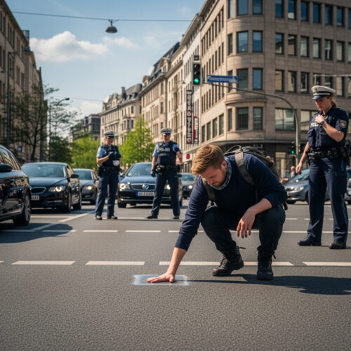 Ein Protestierender kniet auf der Fahrbahn und bestätigt die Haftung seiner Klebeverbindung, während im Hintergrund Polizeibeamte zur Beendigung seines Widerstands gegen die Vollstreckung bereitstehen.