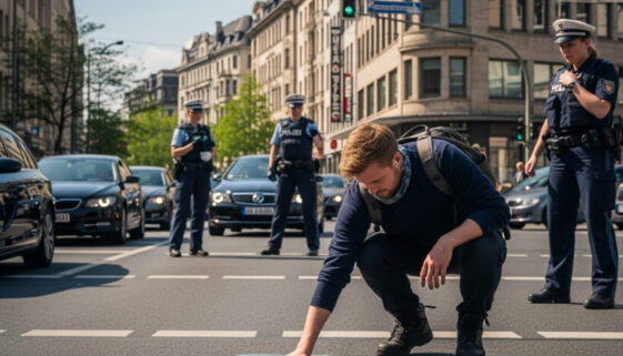 Ein Protestierender kniet auf der Fahrbahn und bestätigt die Haftung seiner Klebeverbindung, während im Hintergrund Polizeibeamte zur Beendigung seines Widerstands gegen die Vollstreckung bereitstehen.