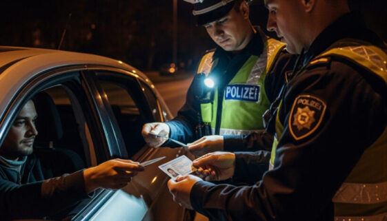 Bei einer nächtlichen Verkehrskontrolle überprüfen Polizisten konzentriert den von einem Autofahrer vorgelegten gefälschten italienischen Führerschein.