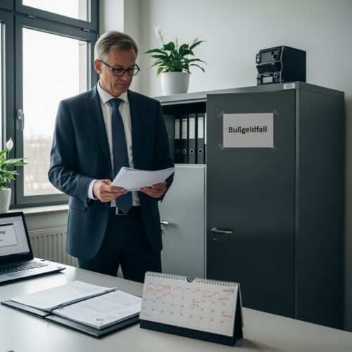 Ein Autofahrer studiert die Akten seines wegen Verjährung eingestellten Bußgeldverfahrens und die damit verbundene, von der Staatskasse abgelehnte Übernahme seiner Anwaltskosten.