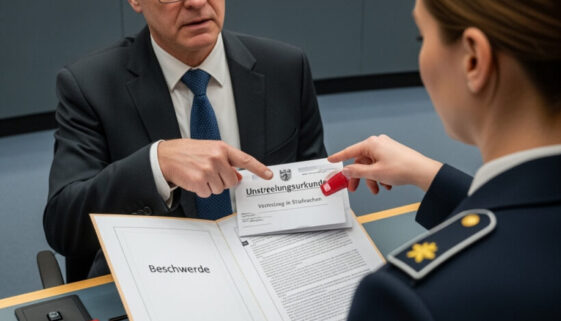 Ein gesetzlicher Betreuer legt einer uniformierten Justizbeamtin eine Beschwerde gegen den Bewährungswiderruf seines Schützlings vor und verweist dabei auf ein entscheidendes Dokument in der offenen Akte.