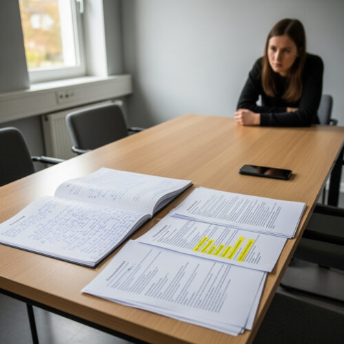 Eine Anwältin prüft Beweismängel in Akten, um ein Strafurteil wegen sexuellen Missbrauchs bei Revision anzufechten.