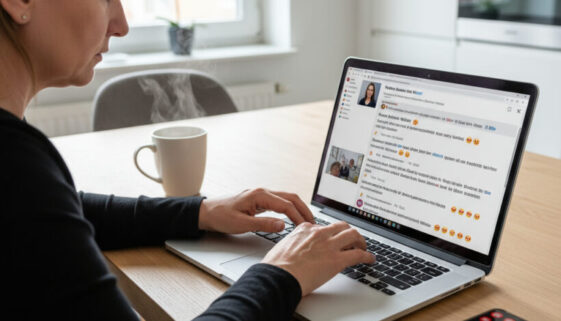 Eine Frau übt am Laptop ihre Meinungsfreiheit aus, indem sie online Amtsträger kritisiert und personenbezogene Daten verbreitet.