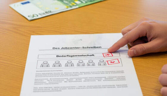 —Ein Bürgergeld-Empfänger prüft auf einem Jobcenter-Bescheid die Berechnung des Tagessatzes seiner Geldstrafe, um die Einhaltung seines Existenzminimums und des Regelbedarfs seiner Bedarfsgemeinschaft sicherzustellen.