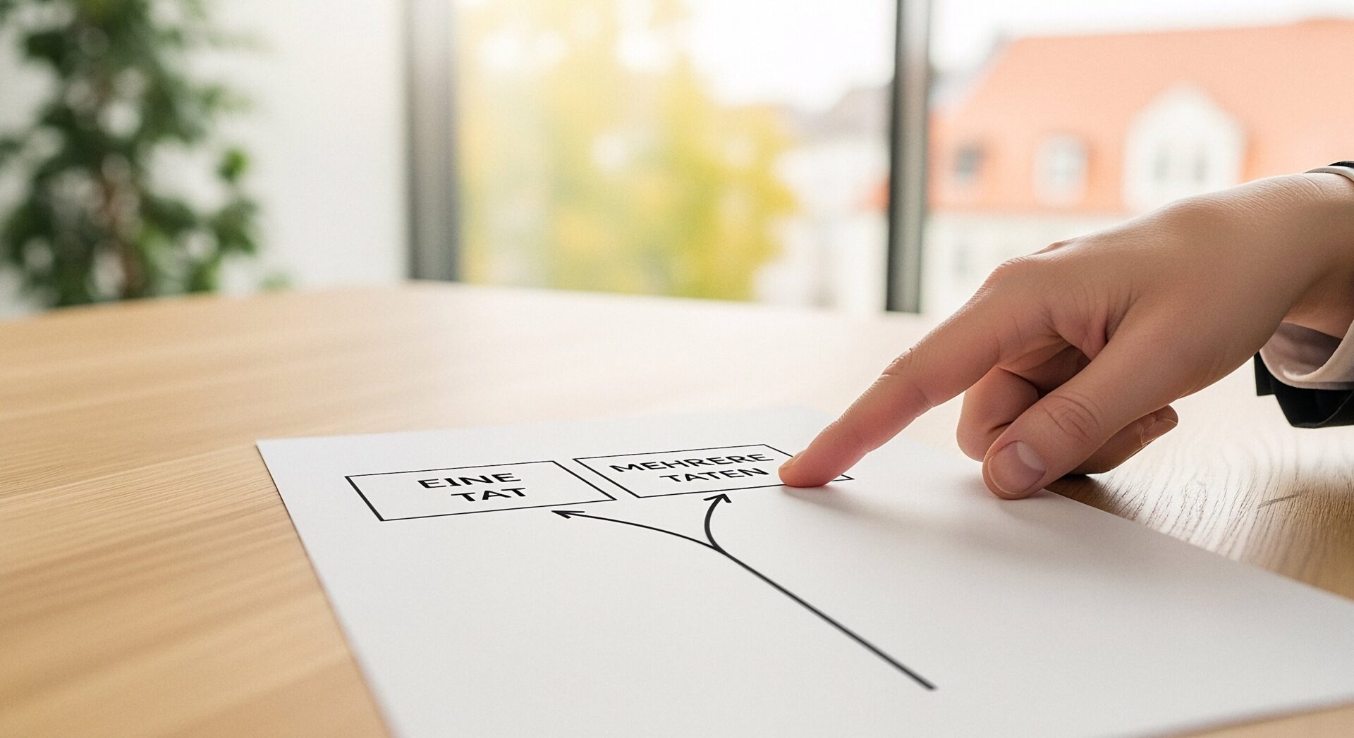 Eine Hand deutet auf eine Zeichnung, die eine Weggabelung zwischen einer Tat und mehreren Taten darstellt, um die Konkurrenzlehre im Strafrecht zu symbolisieren.