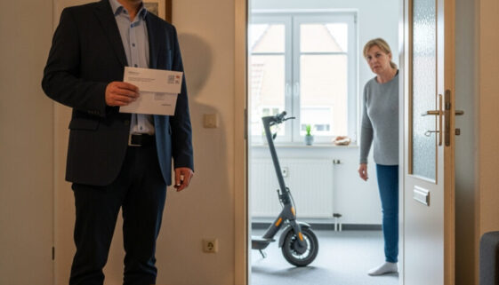 Ein Beamter konfrontiert eine Bewohnerin mit der Anordnung zur Wohnungsdurchsuchung. Sie pocht auf ihr Grundrecht der Unverletzlichkeit.