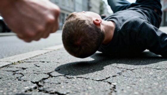 Ein Opfer liegt nach dem Faustschlag auf dem Asphalt. Das Gericht prüft, ob die lebensgefährdende Behandlung durch den Sturz vorsätzlich war.