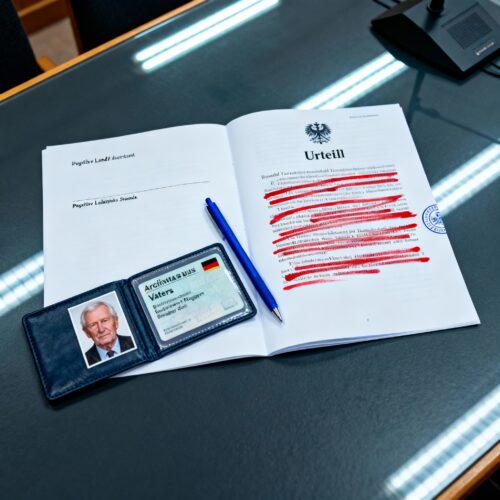 Der Betroffene prüft das rote markierte Urteil auf Begründungsmängel, um die Ablehnung der Strafaussetzung zur Bewährung anzufechten.