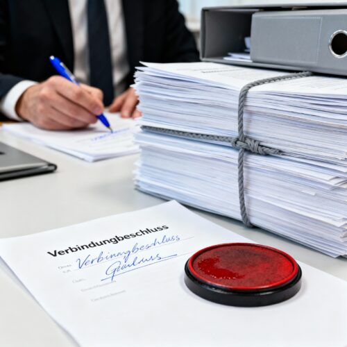 Ein Gerichtsmitarbeiter stempelt einen kurzen, einfachen Verfahrens-Verbindungsbeschluss, anstatt ein separates, formal notwendiges Eröffnungsdokument für zwei neue, schwerwiegende Anklagen zu erstellen.