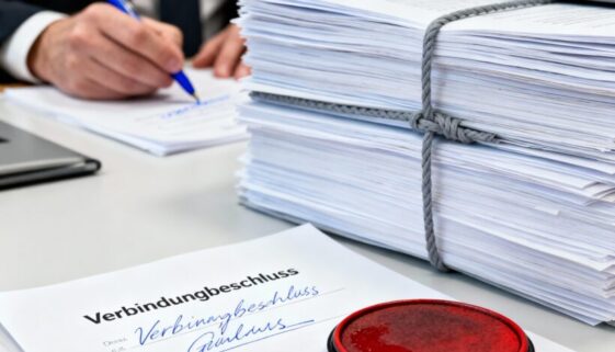 Ein Gerichtsmitarbeiter stempelt einen kurzen, einfachen Verfahrens-Verbindungsbeschluss, anstatt ein separates, formal notwendiges Eröffnungsdokument für zwei neue, schwerwiegende Anklagen zu erstellen.