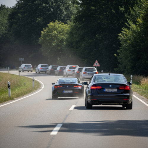 Ein dunkles Auto überholt rücksichtslos eine Kolonne und zwingt den entgegenkommenden Wagen zum abrupten Abbremsen.