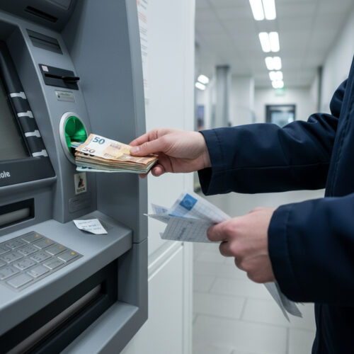 Die Hand einer Putzkraft zieht einen dicken Stapel Euro-Banknoten aus dem Automaten; die Debitkarte steckt noch.