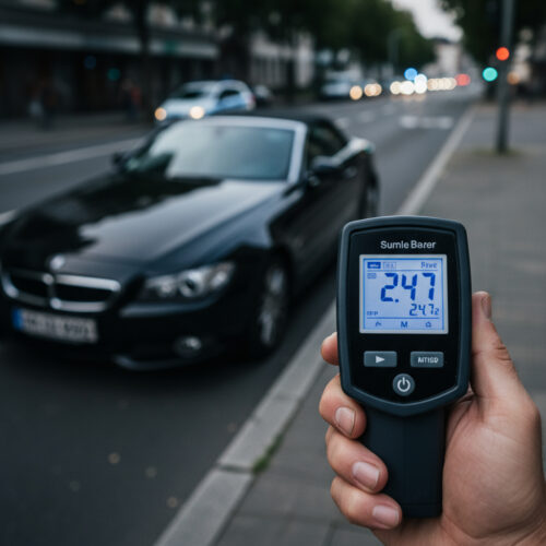 Nahaufnahme: Das Display eines Atemalkohol-Testgeräts zeigt den Wert "2.47", gehalten von der zittrigen Hand eines alkoholisierten Fahrers.