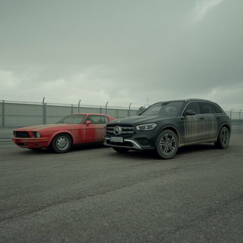 Zwei verlassene Luxusfahrzeuge, ein roter Mustang und ein schwarzer GLC, stehen staubbedeckt auf einem umzäunten Lagerplatz.