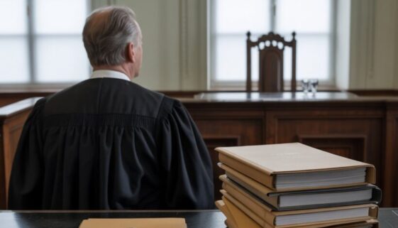 Ein Richter in Robe blickt über den Tisch auf einen leeren Stuhl in der Angeklagtenbank eines Gerichtssaals.