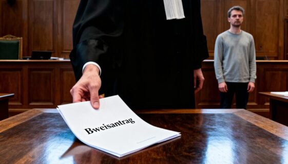 Ein Verteidiger in Robe überreicht dem Richter einen gefalteten, schriftlichen Beweisantrag.