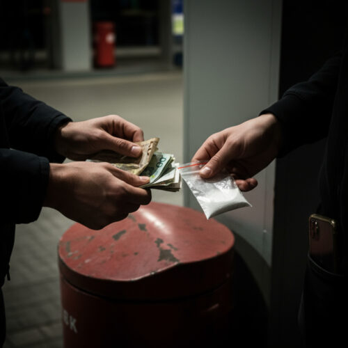 Nahaufnahme des schnellen Austauschs von zerknüllten Geldscheinen gegen einen winzigen, durchscheinenden Plastikbeutel mit weißem Pulver.