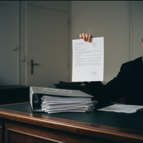 Die Hand eines Beamten hält ein formelles, dünnes Ablehnungsblatt hoch, im Kontrast zu einem dicken Aktenordner voller Beweise auf dem Schreibtisch.