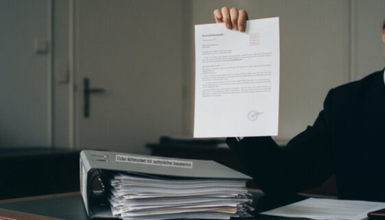 Die Hand eines Beamten hält ein formelles, dünnes Ablehnungsblatt hoch, im Kontrast zu einem dicken Aktenordner voller Beweise auf dem Schreibtisch.