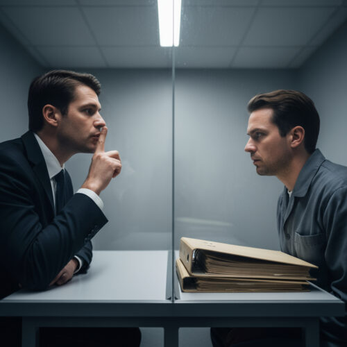 Die Hand eines Anwalts presst den Zeigefinger vertraulich vor die Lippen, getrennt vom Mandanten durch eine dicke Scheibe.