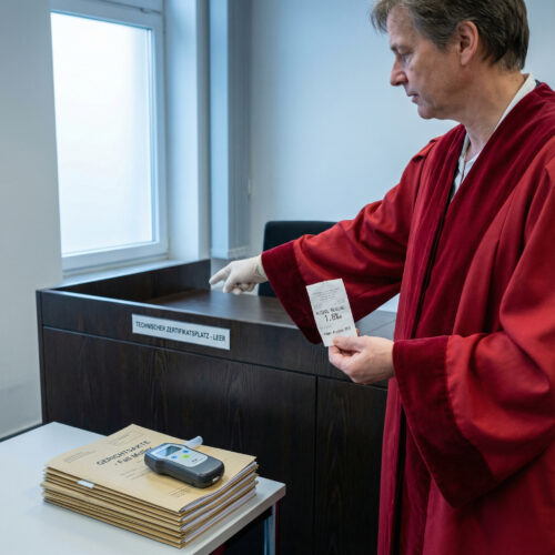 Ein Richter hält einen Beleg und zeigt entschieden auf den leeren Pultbereich, wo ein technisches Dokument fehlt.