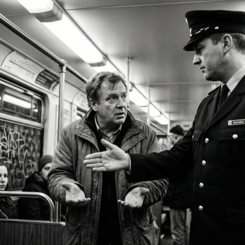 Im U-Bahn-Waggon zeigt ein Pendler dem uniformierten Kontrolleur seine leeren Hände in einer Geste angespannter Hilflosigkeit.