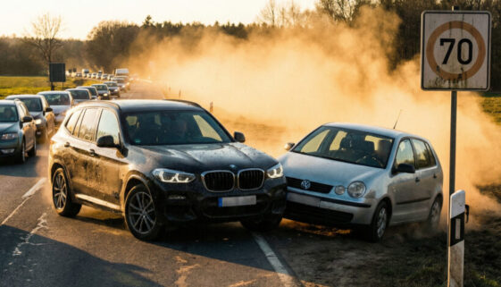 Dunkler SUV rast knapp an einem querstehenden Kleinwagen vorbei, der bei seinem Ausweichmanöver eine riesige Staubwolke aufwirbelt.